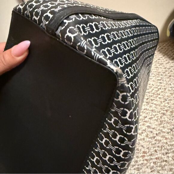 Tory Burch Gemini Link Canvas Tote Navy Black Striped Chain Print Large Bag - Picture 14 of 16